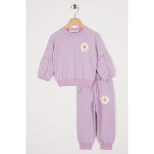 Bisiklet Yaka Uzun Kol Cıcek Desenlı Lila Renk Kız Çocuk Esofman Takım