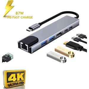 FC04 Macbook Uyumlu Type-C™ To 4K HDMI Tv Projeksiyon Ultra Hd 1080P 2* Type-C 2* USB 3.0 Ethernet Lan 6ın1 Çevirici Hub Adaptör