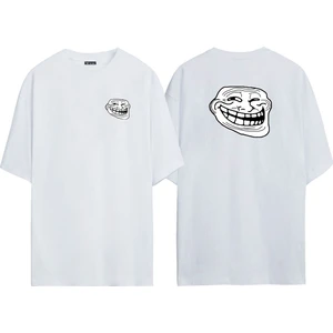 The Wert Unisex Internet Trol Trollface Rage Komik Ön Arka Baskılı Beyaz Oversize T-Shirt