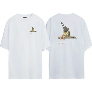 The Wert Unisex Kafasına Duba Geçirmiş  Adam Ön Arka Baskılı Beyaz Oversize T-Shirt