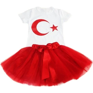 Kız Çocuk 23NISAN 29EKIM Gösteri Doğumgünü Kıyafeti Ayyıldız Kısa Kol Beyaz T-Shırt Tütü Etek Takım