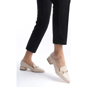 MBHSN8084-BJ Kadın Kısa Blok Topuklu Toka Detay Bej Ayakkabı