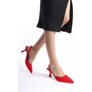 MBLNR703-KR Kadın Arkası Açık Sivri Burun Saten Kırmızı Stiletto & Topuklu Ayakkabı