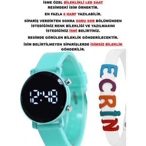 Mint Yeşil Silikon Kordon Yuvarlak Kasa Beyaz Isimli Bileklikli Şirin Tasarım Çocuk LED Saat SU-1113
