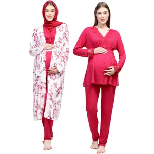 Vişne Tesettürlü Sabahlıklı Hamile Lohusa Pijama Takımı
