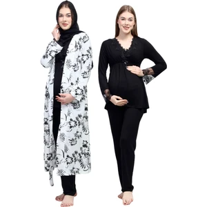 Siyah Tesettürlü Sabahlıklı Hamile Lohusa Pijama Takımı