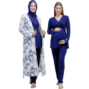 Lacivert Tesettürlü Sabahlıklı Hamile Lohusa Pijama Takımı