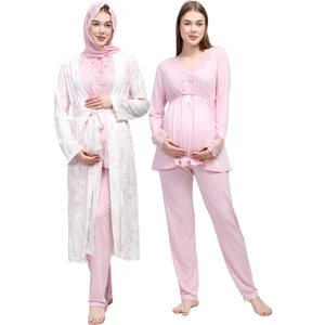 Pembe Tesettürlü Sabahlıklı Hamile Lohusa Pijama Takımı