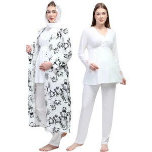 Ekru Tesettürlü Sabahlıklı Hamile Lohusa Pijama Takımı