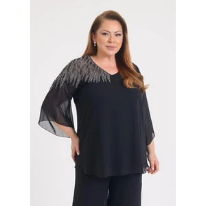 Lilas Xxl Büyük Beden Siyah Renkli Şifon V Yaka Abiye Bluz