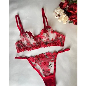 Kadın Balenli Barbie Kırmızı Çiçekli Brode Dantel Işlemeli Sütyen Bralet Takım