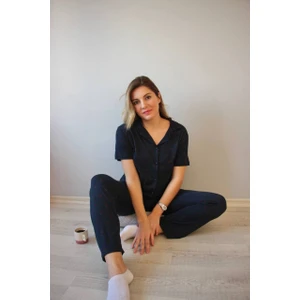 Kadın Düşük Kol Oversize Üst Önden Düğmeli Kısa Kol Viskon Gömlek Yaka Pijama Takımı