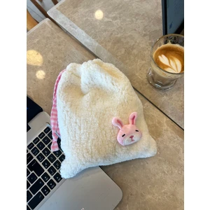 Sumicorn Design Sevimli Pembe Tavşan Peluş Pötikareli Astarlı Büzgülü İpli Düzenleyici Kese Makyaj Çantası