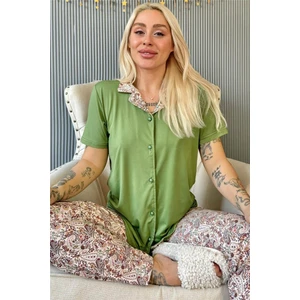 Pijama Evi Koyu Yeşil Florado Exclusive Önden Düğmeli Kısa Kollu Kadın Pijama Takımı