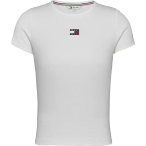 Tommy Jeans Bisiklet Yaka Düz Beyaz Kadın T-Shirt Tjw Slım Badge Rıb Tee