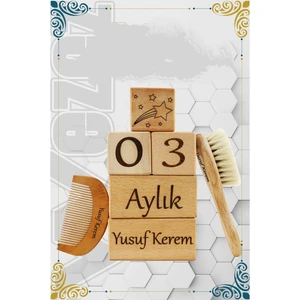 Isme Özel 5'li Anne Bebek Anı Küpü ve Doğal Keçi Kılı Saç Fırçası-Şimşir Tarak(Dekoratif Hatıra Set)