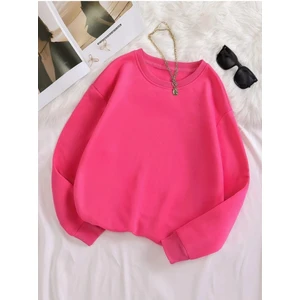 Kadın Basic 0 Sıfır Yaka Baskısız Düz Oversize Salaş Bol Kesim Polar Sweatshirt