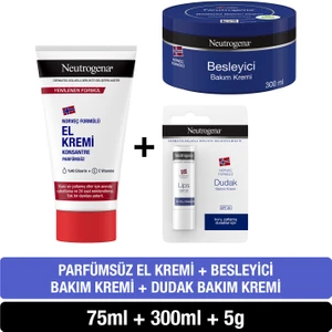 Norveç Formülü Besleyici Bakım Kremi 300 ml + Parfümsüz El Kremi 75 ml + Dudak Kremi