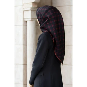 Siyah - Kırmızı Monogram Desenli Tivil İpek Eşarp DGN 52033 - 01 - 17
