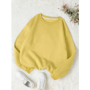 Kadın Basic 0 Sıfır Yaka Baskısız Düz Oversize Salaş Bol Kesim Polar Sweatshirt