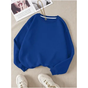 Kadın Basic 0 Sıfır Yaka Baskısız Düz Oversize Salaş Bol Kesim Polar Sweatshirt