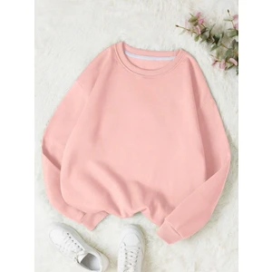 Kadın Basic 0 Sıfır Yaka Baskısız Düz Oversize Salaş Bol Kesim Polar Sweatshirt