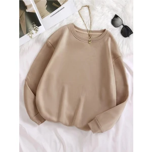 Kadın Basic 0 Sıfır Yaka Baskısız Düz Oversize Salaş Bol Kesim Polar Sweatshirt