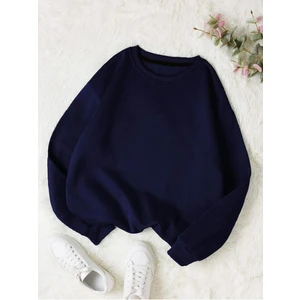 Kadın Basic 0 Sıfır Yaka Baskısız Düz Oversize Salaş Bol Kesim Polar Sweatshirt
