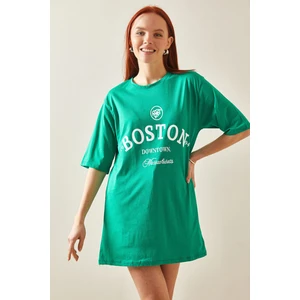 Yeşil Bisiklet Yaka Yazılı Oversize T-Shirt 5YXK1-48209-08