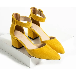 Güllü Shoes Kadin Sarı Süet Ayakkabı Abiye Stiletto Kalın Topuk Gelinlik Ayakkabisi 5.5cm