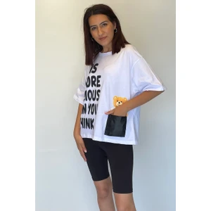 Kadın Tek Cep Ayıcık Detay Kısa T-Shirt