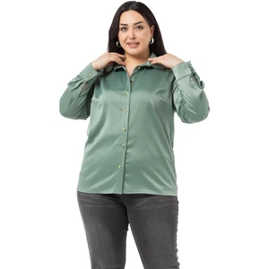 Disentis Modest Büyük Beden Saten Dokulu Manşetli Mint Yeşili Gömlek