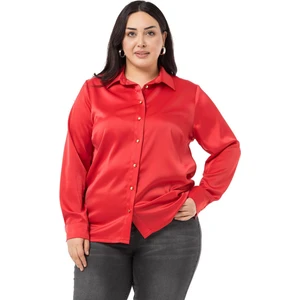 Disentis Modest Büyük Beden Saten Dokulu Manşetli Kırmızı  Gömlek