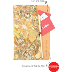 Kişiye Özel Çiçek Desenli Defter ve Tüy Kalem Seti Lazer Isim Kazıma Günlük Kartlıklı Defter