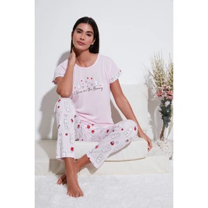 Regular Fit Bisiklet Yaka Kısa Kollu Pijama Takım Bayan Pijama Takımı 6097310