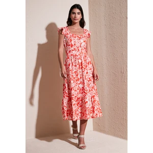 Desenli Regular Fit Kare Yaka Volanlı Midi Elbise Kadın Elbise 611EL501