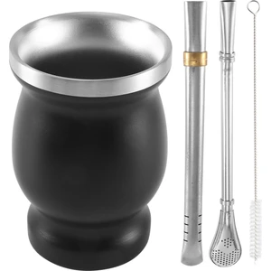 Çift Duvar Paslanmaz Yerba Mate Çay Bardağı Seti Kahve Su Bardağı 2 Bombillas Pipet Kaşık ve Temiz Fırça 8 Oz Siyah (Yurt Dışından)
