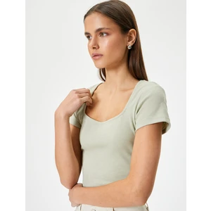 Sırt Dekolteli Tişört Crop Kısa Kollu Fitilli Slim Fit