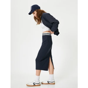 Midi Kalem Etek Beli Lastikli Renk Kontrastlı Yırtmaçlı Slim Fit