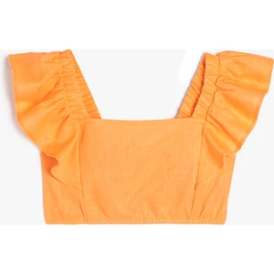 Keten Crop Bluz Kelebek Kollu Kare Yaka