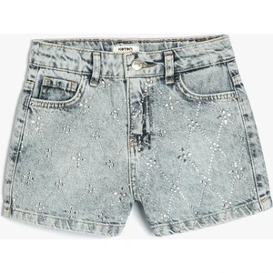 Mini Kot Şort Taş Baskılı Cepli Pamuklu