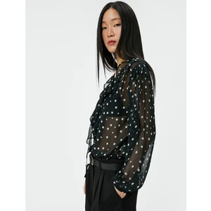 Puantiyeli Bluz Tül Fırfırlı Fular Yaka Uzun Kollu