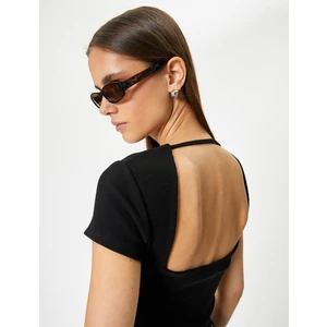 Sırt Dekolteli Tişört Crop Kısa Kollu Fitilli Slim Fit