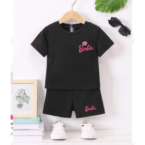 Kids Face Özel Tasarım Bisiklet Yaka Barbie Baskılı Yeni Koleksiyon Kız Çocuk T-Shırt Şort Takımı