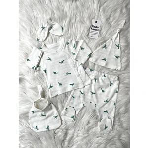 Linda Harris Dinosaur Pattern Ekru-Yeşil 5’li Yenidoğan Unisex Bebek Hastane Çıkışı Seti