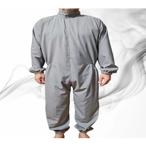 Uzun Kollu Ribanalı Demans Tulumu Hasta Bakım Kıyafet Terletmez 100 Pamuk Kumaş - Gri