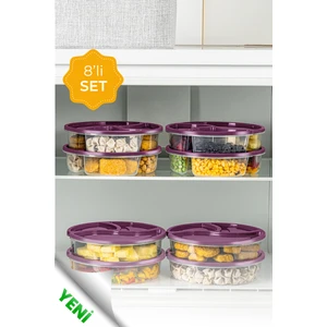 8li 3 Bölmeli Yuvarlak Saklama Kabı 1,2 Litre Mor