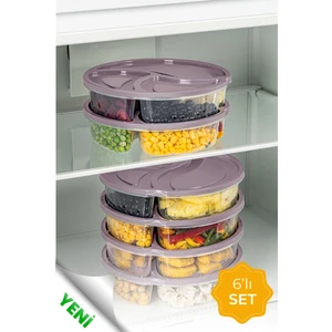 6lı 3 Bölmeli Yuvarlak Saklama Kabı 1,2 Litre Pembe