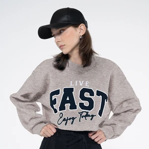 Friday Offset Fast Kadın Gri Melanj Bisiklet Yaka Ekstra Oversize Crop Sweatshirt - Şardonlu 3 Iplik