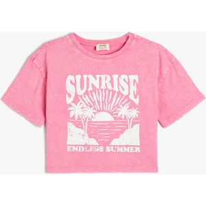 Crop T-Shirt Tropik Baskılı Kısa Kollu Bisiklet Yaka Pamuklu